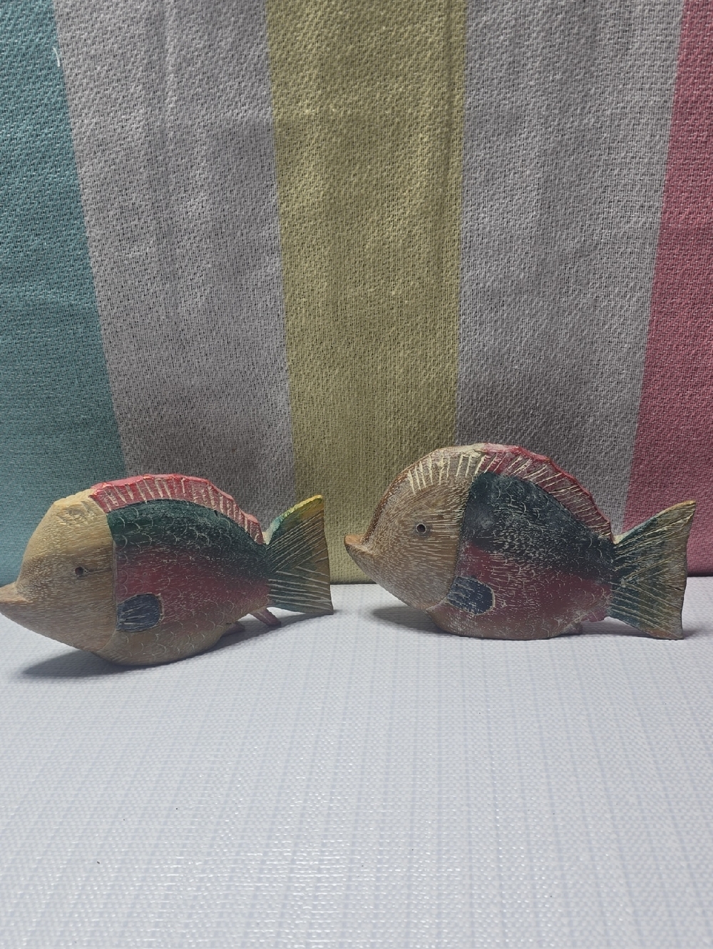 Handcarved Decorative Multicolor Fish Figurine Pair - Pets Fish Decor Thailand
